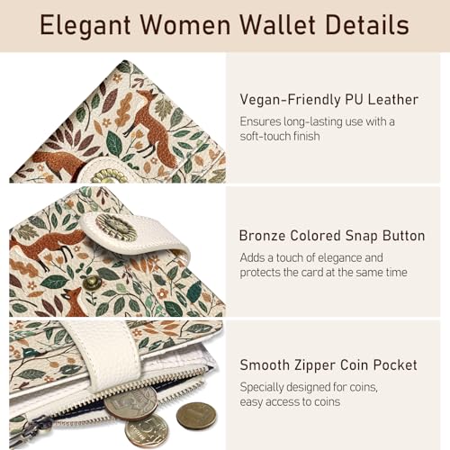 Image of Kelvoris Cute Fox Leaves Small Rfid Women Wallet Bifold Zipper Coin Pocket | PU Leather Compact Cash Credit Card Holder Travel Purse for Female Ladies Teen Girls 1 ID Window 10 Card Slots