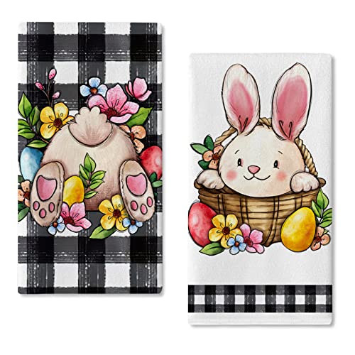 Seliem Easter Bunny Rabbit Kitchen Dish Towel Set Of 2, Cute Eggs Flowers Hand Towel Black White Buffalo Plaid Check Drying Baking Cooking Cloth, Funny Spring Holiday Kitchen Decor 18X26 Inches #TOP22