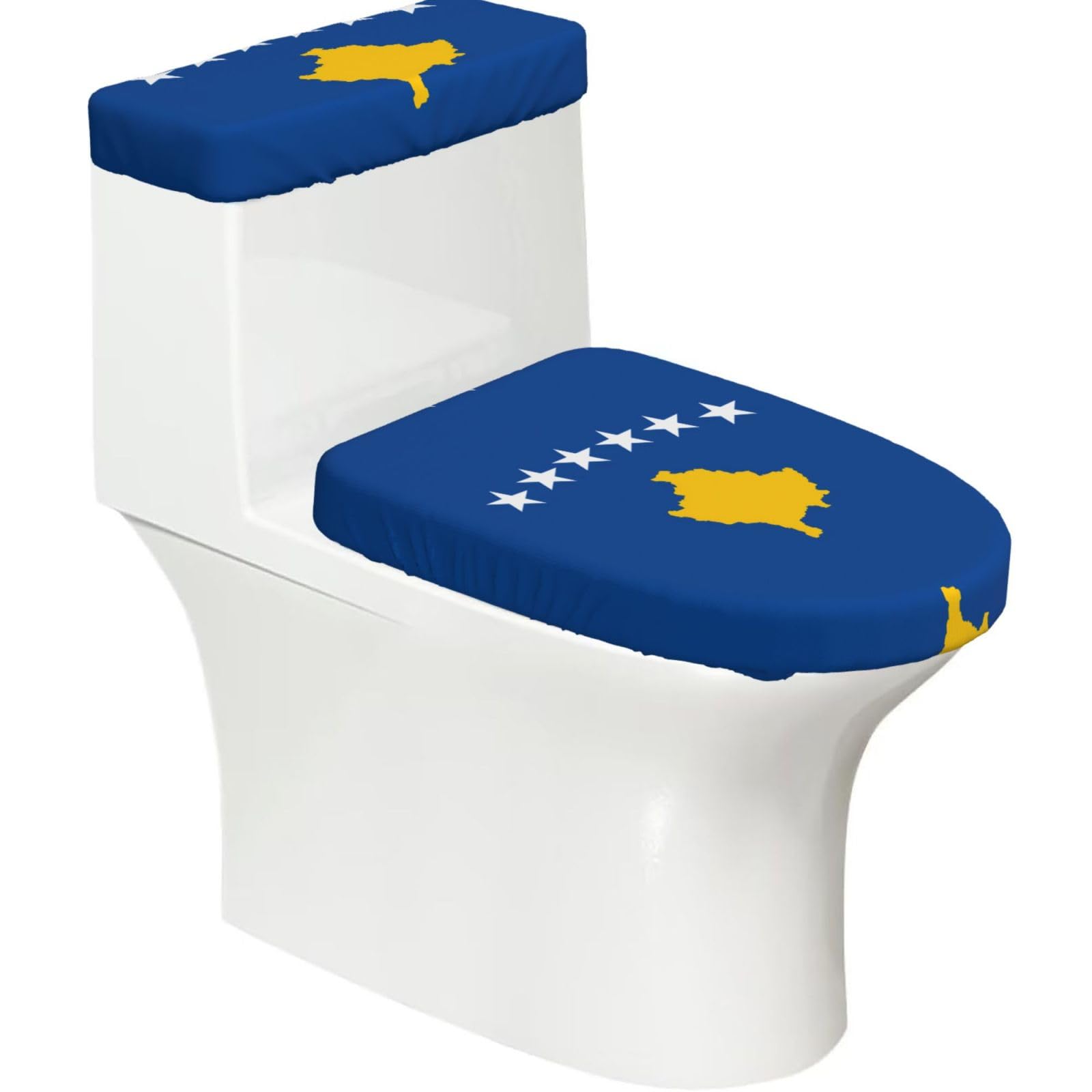 Flag of Kosovo Elastic Toilet Cover Set of 2-Stretchy Lid and Tank Covers for Bathroom, Soft Washable U Shape Toilet Decor
