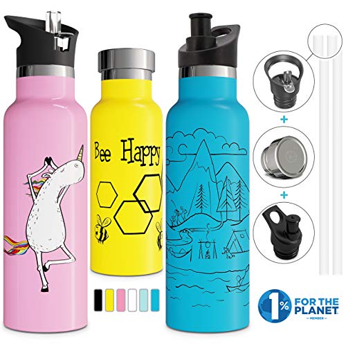 Double Walled Insulated Water Bottle with Straw Lid & Sports Cap | Kids
