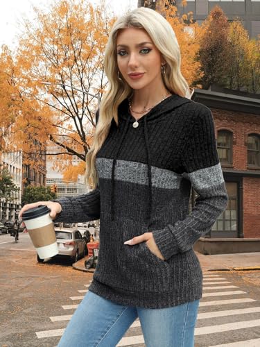 MixShe Women’s Color Block Knit Hoodie – Casual Long Sleeve Pullover Sweater Tops with Pocket