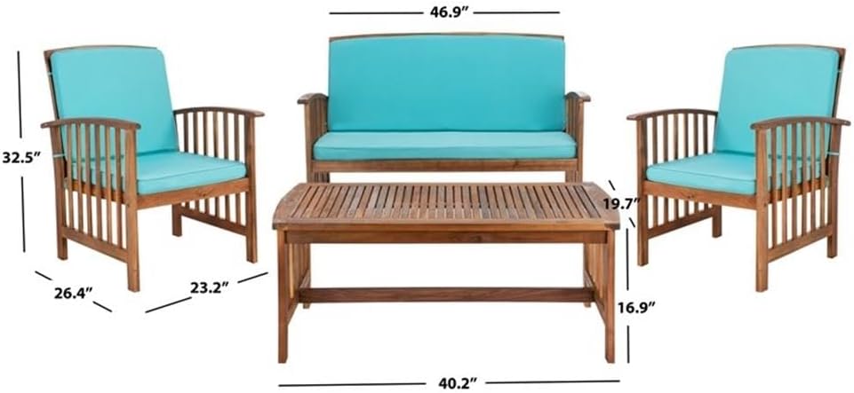Pemberly Row Transitional Wood 4Pc Outdoor Sofa Set, Acacia and Steel, Natural/Aqua Finish, Weather-Resistant Patio Furniture for Garden, Poolside or Entertainment Areas, Includes Table, Chair, and