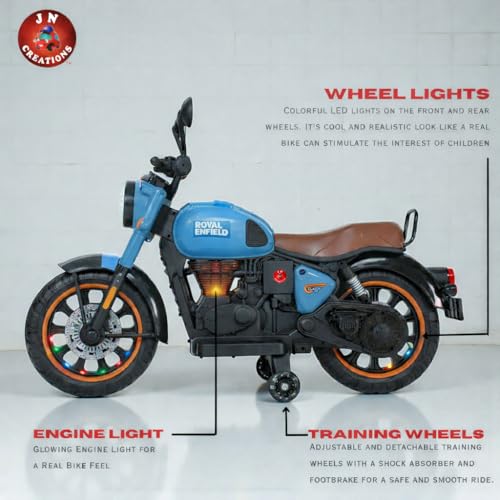 Image of BRoyal Enfield 12V Battery Operated Ride-On Classic-350 Bike for Kids | Rechargeable Electric Bike with LED Lights, Music & Horn | Ages 2-8 Years (Blue)