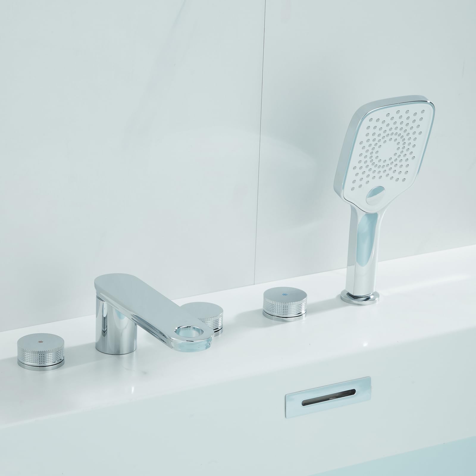 SnamicE Bathtub Hand Shower Tap Set Bathroom 5 Hole Tub Mixer Faucets Black Bath Waterfall Mixer Taps with Shower 360 Degree Swivel-A,Chrome