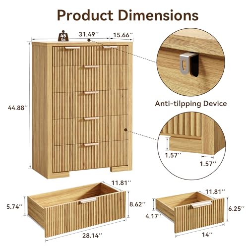 Image of Fluted 45'' Tall Kitchen Pantry Cabinet, Modern Food Storage Organizer with Metal Handle, Wood Coffee Bar Cabinet for Dining Room, Light Wood