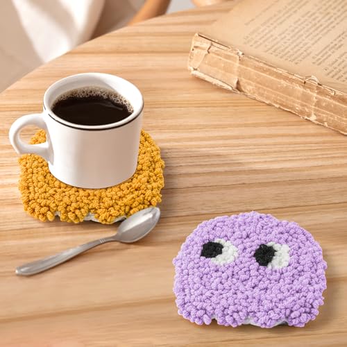 Image of ERguanfoiun 6Set Game Ghost Punch Needle Coaster Kit - Easy DIY Punch Needle Embroidery for Beginners, Game Pattern Rug Tufting Adhesive Felt Fabric Hoop Yarn Tool Instruction, Art Craft Supplies Gift