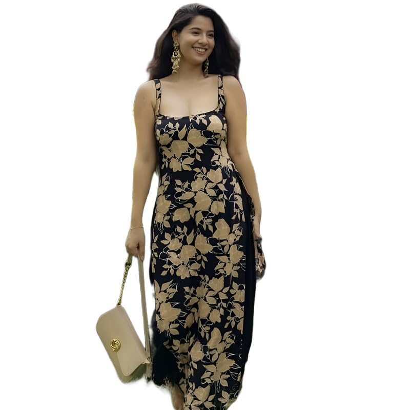 Women Floral Print Sleeveless Kurti Elegant Black Long Kurta for Party-picture-28