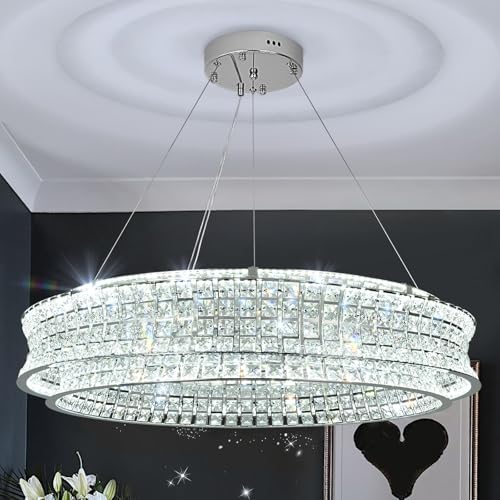 AOOCHOK Lustre moderne en cristal pour le salon, lustres LED chromés, lampe suspendue ronde en cristal pour la salle à manger, la chambre à coucher, le...