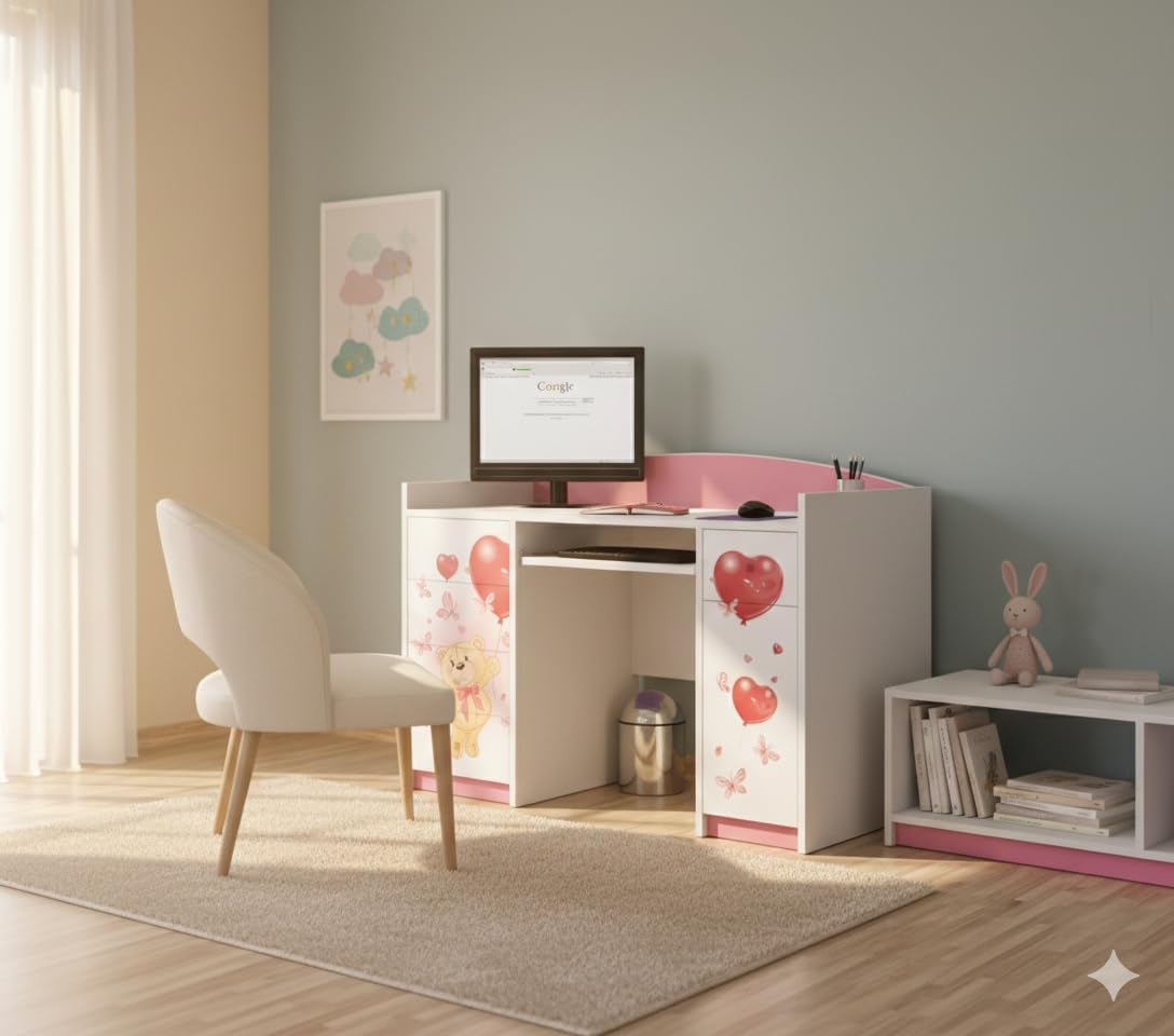 Happy Babies Scrivania per bambini con 5 cassetti, colore bianco, blu, 125 x 89 x 60 cm, scrivania per computer con ripiano per tastiera, per cameretta dei bambini, motivo orsacchiotto
