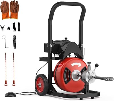 75FTx1/2Inch Electric Drain Cleaning Machin, Auto Feed Portable Sewer Snake, Sewer Snake Electric Drain Auger Cleaner with 6 Cutters & Air-Foot Switch for 1-4 Pipes