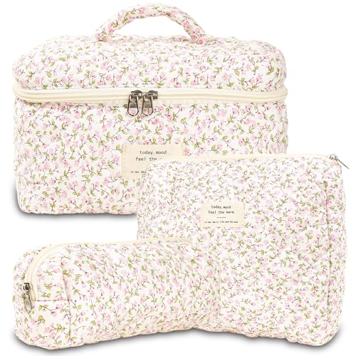 GISMTR 3Pcs Makeup Bag Cotton Quilted Travel Cosmetic Bag Cute Floral Makeup Pouch Large Toiletry Bag for Women Girls (Pink Floral)