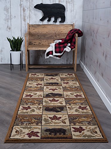 Portrait Wildlife Novelty Lodge Pattern Beige Runner Rug, 2.7' x 7'