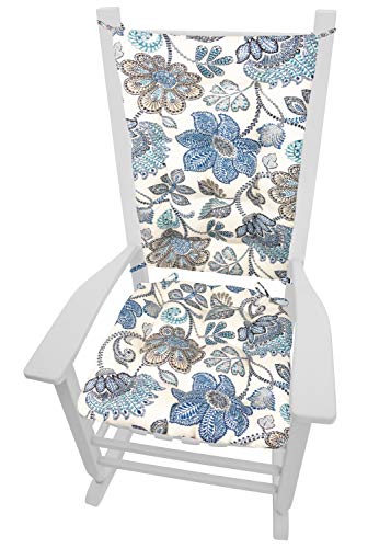 Barnett Home Decor Porch Rocker Cushions Set, Foam Filled Latex Chair Cushion & Backrest Pad Set, Made in USA, Standard Size 23 x 19 Inches Outdoor Rocker Cushion, Blue Floral, Blue/White