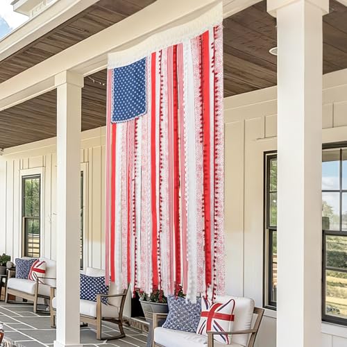 Image of 4th of July Decorations - Vintage American Flag 4 x 2.3 Ft Rustic Rag Ribbon Flag Banner - Patriotic Flag & Independence Day Decor for Home Mantel Party Vintage 4th of July Decorations for Outside Yard Porch