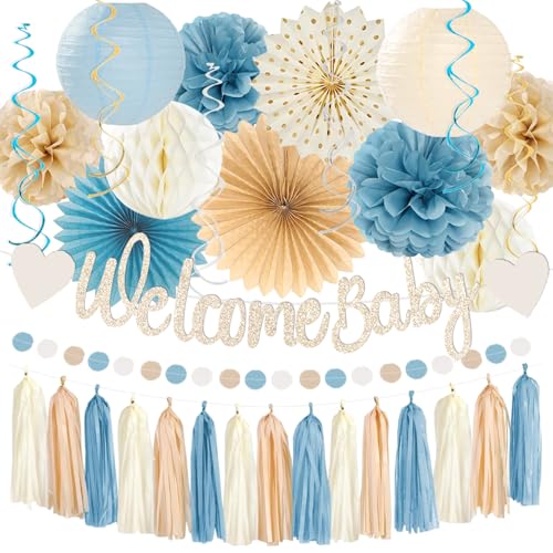 Light-Dusty Blue Boho Baby Shower Party-Decorations Beige Champagne Boy Neutral Welcome Baby Banner Dcor With Honeycomb Balls Circle Dots Garland Lantern PomPoms Flowers Hanging Swirls Party Supplies
