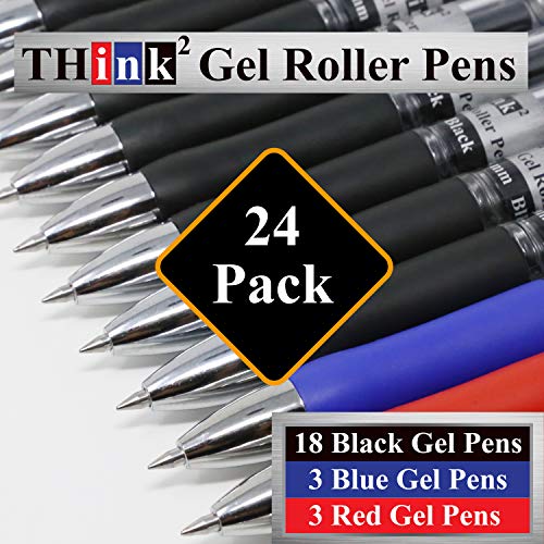 Image of [24 Pens - 3 Colors] Think2 Retractable Gel Pens. (18 Black, 3 Red, 3 Blue) Fine Point (0.5mm) Rollerball Pens with Comfort Grip.