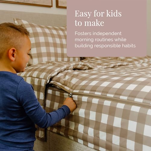 Image of Beddy's Warm Tan Checkered All-in-One Zipper Bedding Set for Kids - Toddler | Smooth-Glide Zippers, Easy To Make & Wash, Soft Durable Fabric, Checkered Interior, Includes Pillowcase & Sham