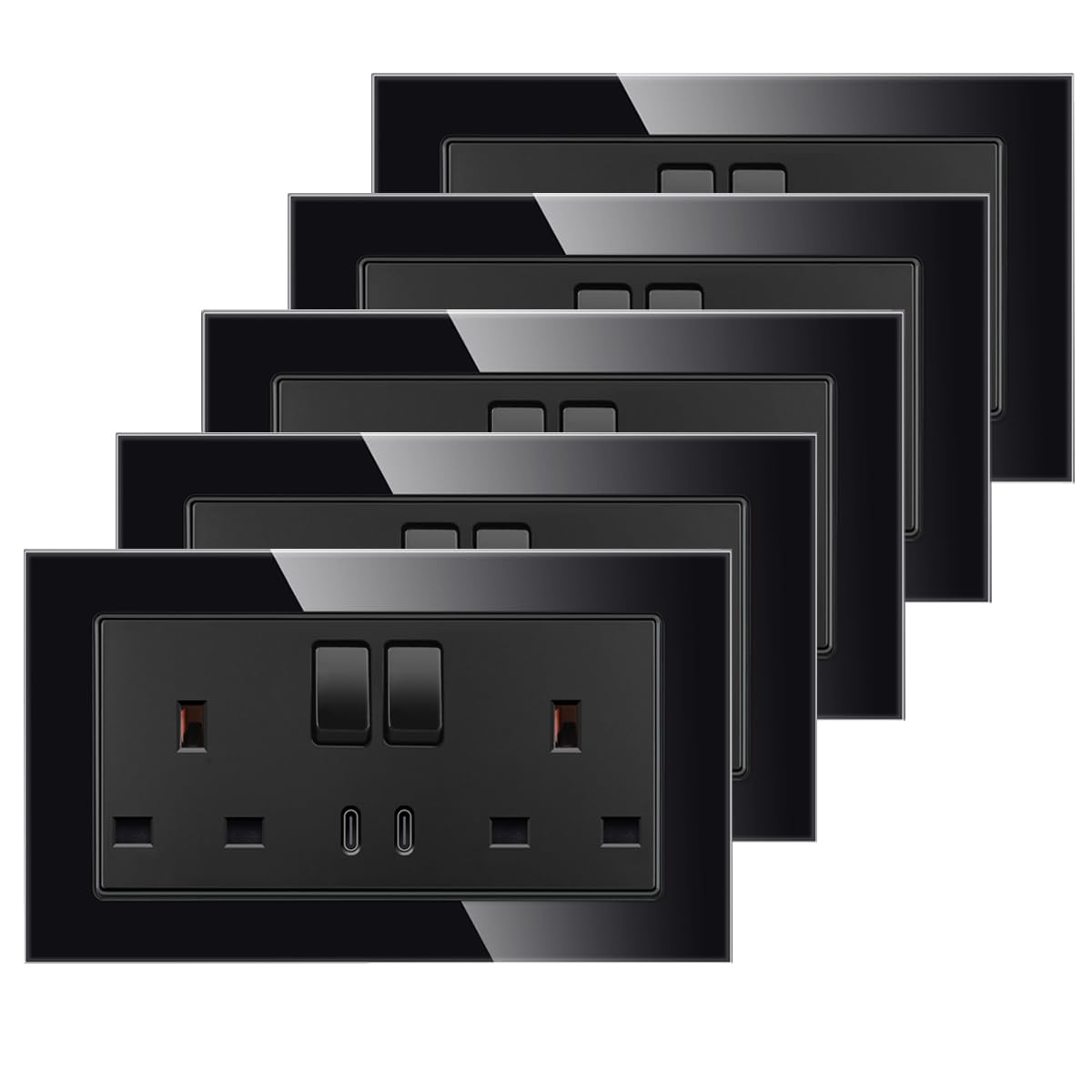 5 Pack CNBINGO Double Switched Power Glass Socket with 3.1 Amp Type-C USB Ports, 13 Amp Electrical Wall Socket, Black Glass Wall Plate