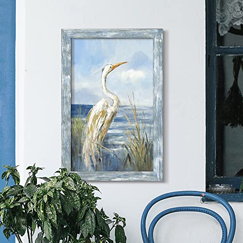 Framed Sea Bird Wall Art: Wooden Blue Coastal Ocean Scene Picture Heron On Beach Painting Artwork Modern Bedroom Bathroom Living Room Wall Decoration Home Office Decor 24”X16” #TOP3