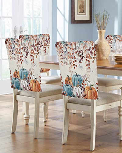 Lidu Thanksgiving Fall Chair Covers Set Of 4 For Dining Room, Blue Orange Grey Pumpkin Maple Leaf Rustic Chair Back Cover Removable Kitchen Chair Slipcovers Seat Protector For Party Banquet Decorations cover