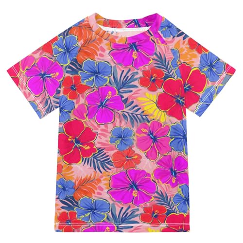 ALAZA Kids Rash Guard Girls Toddler Swim Shirts Short Sleeve Purple Flower Hibiscus UPF 50+ 3T