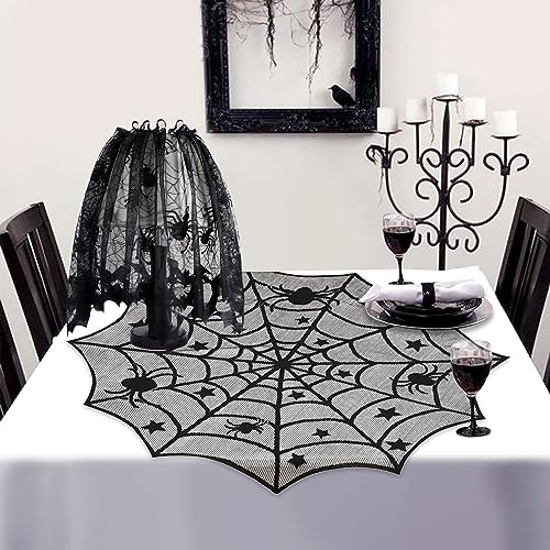 5Pack Halloween Decorations Indoor Halloween Decor Black Lace Table Runner Fireplace Mantel Scarf Round Tablecloth Cobweb Lampshade with 32 Pcs 3D Bat Wall Stickers4