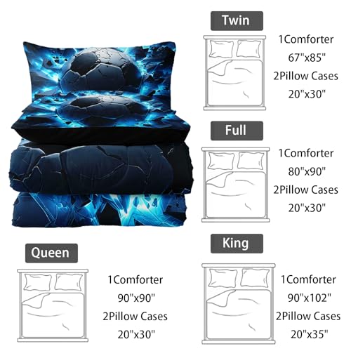 Image of Nttopship Soccer Bedding Comforter Set Full Size for Kids Teens and Adults, Blue Black Football Printed Bedding Sets 3 PCS,Ball Sports Themed Bedroom Decor with 1 Comforter and 2 Pillowcases