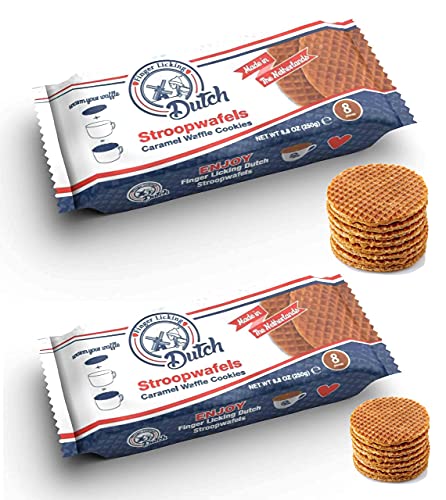 Finger Licking Dutch - Authentic Caramel Stroopwafels Made in Netherlands - 0 Trans Fat - Office Snacks - Non-GMO - Traditional Recipe - 16 Stroopwafel Caramel Waffle Cookies.