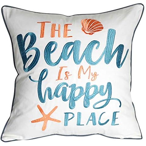 DECOPOW Embroidered The Beach is My Happy Place Throw Pillow Cover,Square 18 inches Decorative Canvas Pillow Cover with The Beach is My Happy Place Pattern,Cover Only Cover