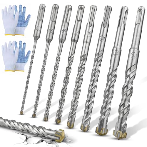 GZcaiyun SDS Plus - Juego de brocas para hormigón (8 unidades, tamaños 4,5,6,8,10,12,14,16 mm × 160 mm, para taladrar hormigón, piedra, madera, ladrillo, azulejos, con 2 pares de guantes)