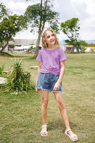 Image of Arshiner Girls Casual Tie Dye Short-Sleeve T-Shirt Cute Print Summer Blouse for Girls Twist Front Tunic Tee Tops