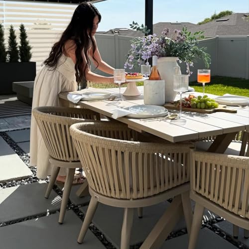 Image of PURPLE LEAF 7 Pieces Outdoor Dining Set with Patio Aluminium Dining Table and Wicker Rattan Chairs Modern Furniture Cushions Sets for Backyard Indoor Decor Kitchen Champagne