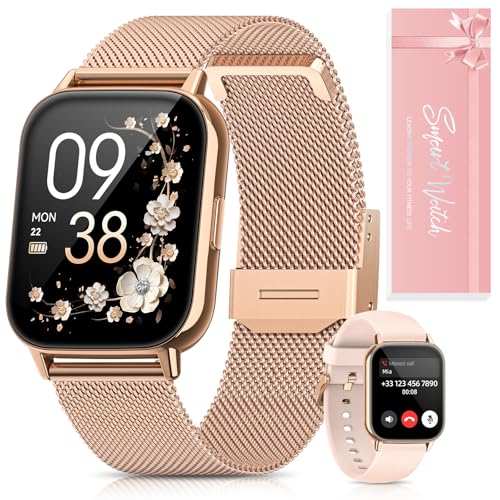 Caja de Regalo, Reloj Inteligente Mujer, Smartwatch Mujer con Llamadas, Función Femenina, 24H Pulsometro SpO2, 120+ Modos Deportivos, Monitor de Sueño, Calorías, Podómetro para Android iOS Rosa Oro