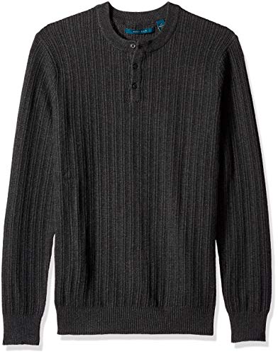 Perry Ellis Men's Tall Stripe Henley Sweater, Charcoal Heather/DFG, 2X Big