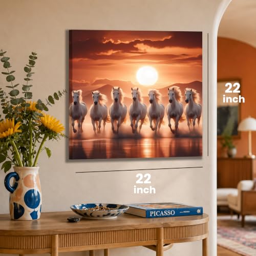 Image of PAINTINGMANTRA 7 White Running Horses Vastu Stretched Canvas Painting for Living Room, Seven Running Horses Canvas Wall Art Painting For Bed Room, Home & Office, 22x22 Inch