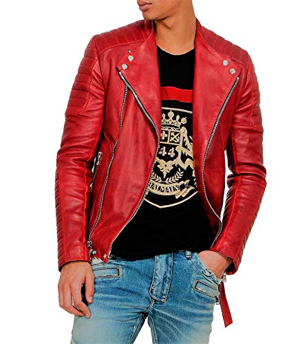 Aaron Craft Red Men's Lambskin Leather Biker Jacket Medium