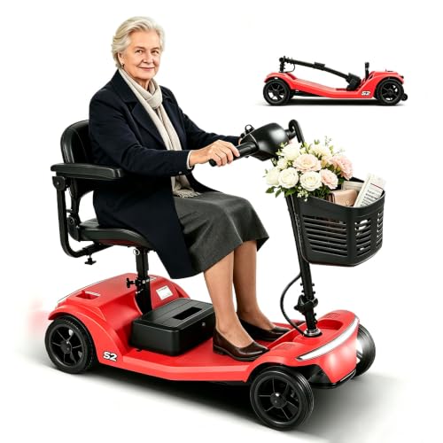 El scooter plegable S2 de movilidad para personas mayores cuenta con un asiento cómodo, manillar ajustable, batería extraíble y puerto de carga USB, con una capacidad de carga máxima de 150 kg.(Rojo)