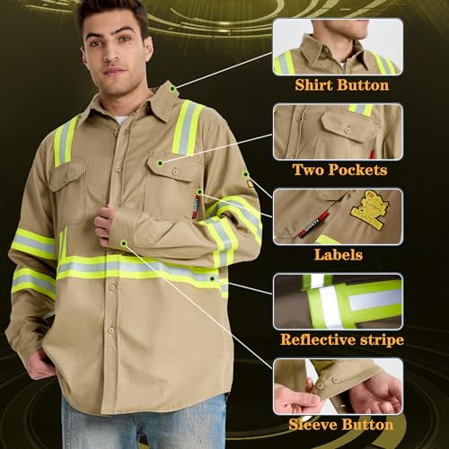 SRsafety Hi Vis FR Shirts for Men,7.0oz Long Sleeve FR Work Shirts,100% Cotton High Visibility Fire Shirt