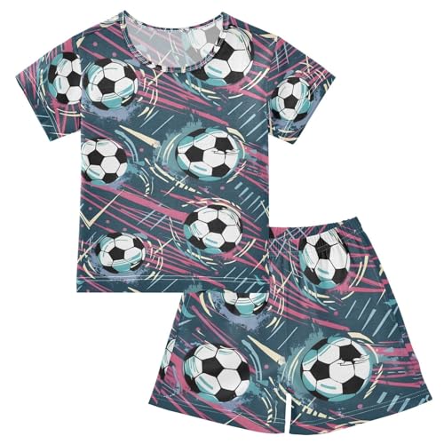 ALAZA Soccer Abstract Pajamas Set Short Sleeve Cotton Sleepwear Summer Pjs 2 Piece 5-14Y