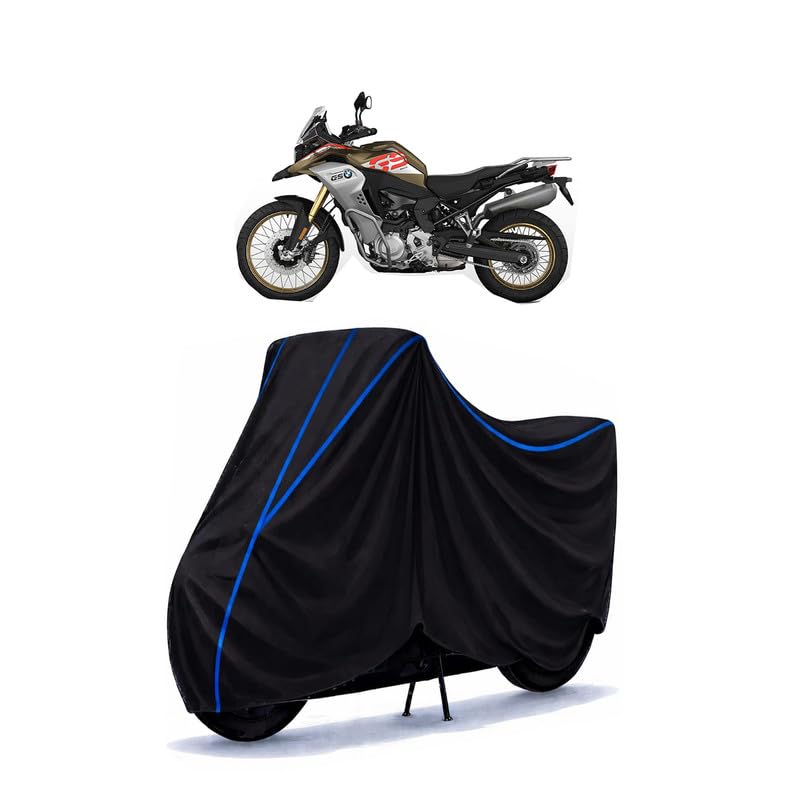 Image of F850 GS Bike Cover Water Resistant Universal Motorcycle Rain | Heavy Duty UV Protection, Dust, Scratch Indoor Outdoor All Weather with Black Blue Piping Elastic