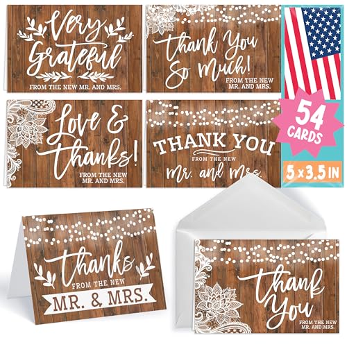 Hadley Designs Wedding Thank You Cards with Envelopes -54 Rustic Thank You Cards Wedding with Envelopes, ThankYou Notes from the New Mr and Mrs Card for Gifts, Bridal Party & Guests, Bridal Shower