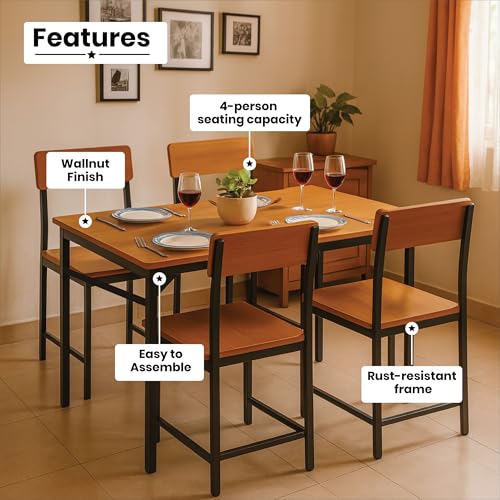 Image of Callas 4 Seater Dining Table Set for Home | Compact Modern Dining Table with 4 Chairs | Ideal for Kitchen, Dining Room - Walnut Finish
