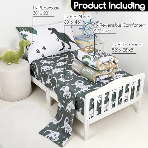 Image of 4 Piece Toddler Bedding Set, Ultra Soft and Breathable Cartoon Dinosaur Toddler Comforter Sets for Boys Includes Quilted Comforter, Fitted Sheet, Flat Sheet and Pillowcase