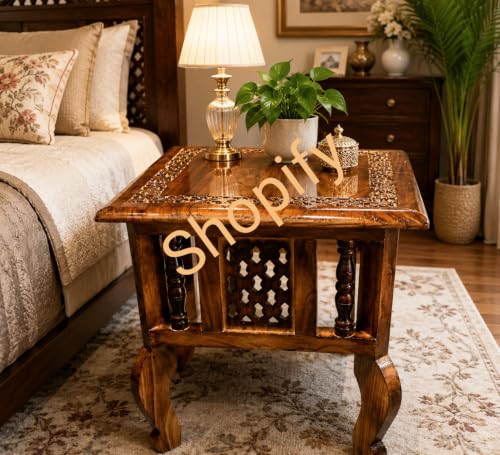 Image of Shopify Wooden Stool-Natural Wood Antique Look Side Table with Drawer for Living Room (Brown, 14 x 14 x 21 inch) (Side Table)