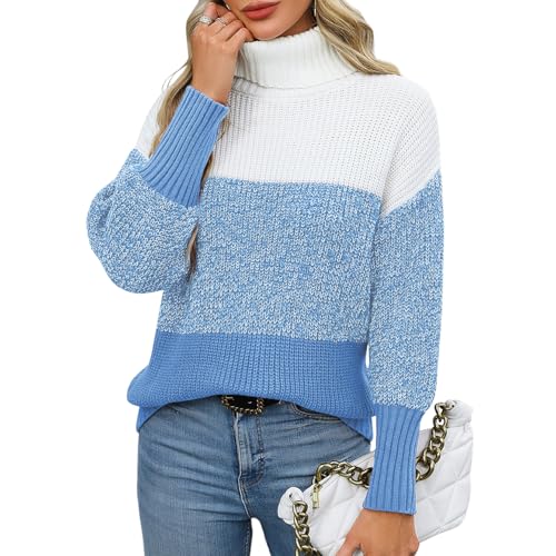 Womens Turtleneck Sweater Striped Color Block Sweaters Long Sleeve Casual Fall Knit Sweater Chunky Pullover Tops