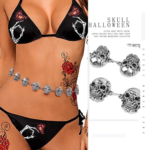 Abien Womens Skull Belly Chain Silver Halloween Belt Chain Punk Skull Waist Chain Gothic Chain Belt for Outfit Jeans Dress4