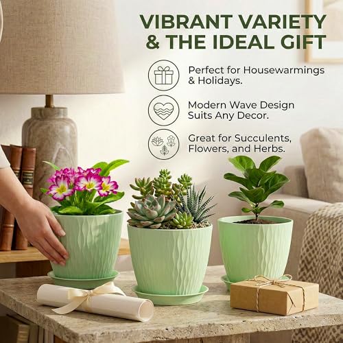 Image of Eightiz (Pack of 5 6 Inch Plastic Flower Pots for Indoor & Outdoor Terrace,Garden Plants Decorative Planters with Drainage Holes & Matching Saucers Durable & Lightweight (Green)
