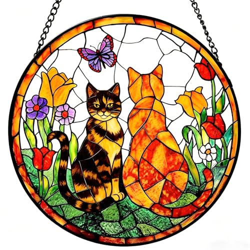 ZJUN Stained Glass Two Cats Wildflower Suncatcher