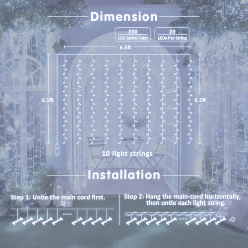 Image of JMEXSUSS 200 LED White Curtain Lights, USB Powered, 6.5ft x 6.5ft | White Christmas Lights with Remote, 8 Modes Hanging String Lights for Bedroom Wall Wedding Party Backdrop Window Decor