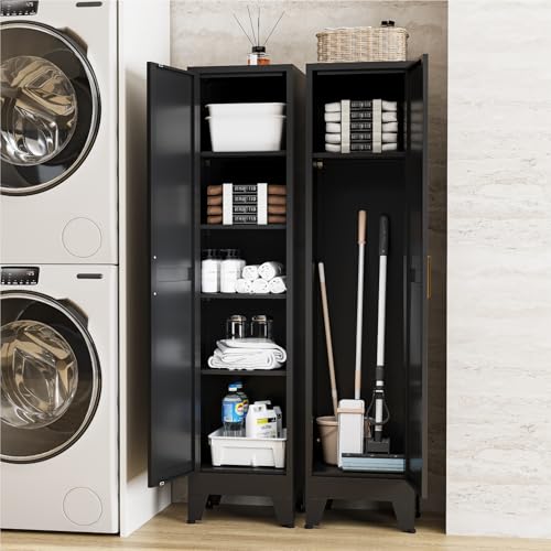 Image of 67 inch Tall Storage Cabinet with Reversible Doors and Adjustable Shelves,Metal Slim Freestanding Cabinet for Bathroom Kitchen Garage Small Spaces,Black,1 Pack